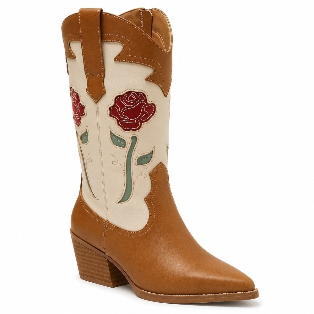 Universal Thread Natalie Western Cream Rose Embroidered Boots Size 8.5 NEW